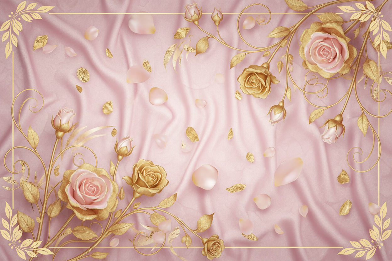 Fondo con rosas doradas elegantes con colores rosa pastel y dorados