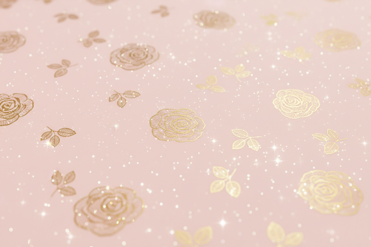 fondo con rosas doradas y fondo entero rosa pastel claro con destellos